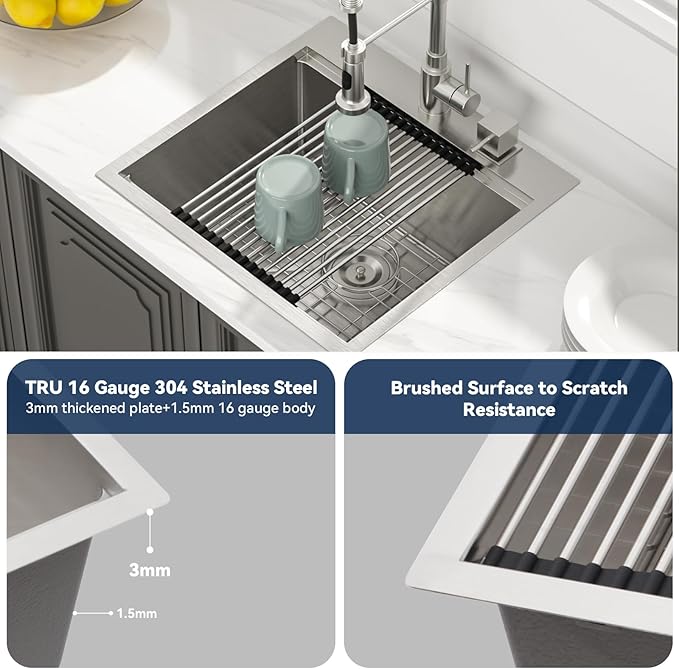 Lordear 21x20x10 Inch Drop in Kitchen Bar Sink - 16 Gauge Stainless Steel Single Bowl Workstation, Topmount Over Counter, for Wet Bar/Prep/Small Kitchen with Cutting Board