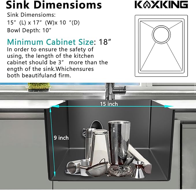 15x17 Inch Undermount Bar Sink, 18 Gauge 304 Stainless Steel Small Kitchen Sink for RV, Laundry, Office with Basket Strainer & Anti-Clog Grid