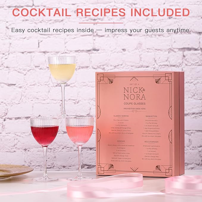 Nick and Nora Cocktail Glasses - Coupe Glasses Set of 4, Vintage Ribbed Martini Glassware, Crystal Cordial Cups for Whiskey, Gin, Vodka, Champagne, Women Gifts, 5 Oz