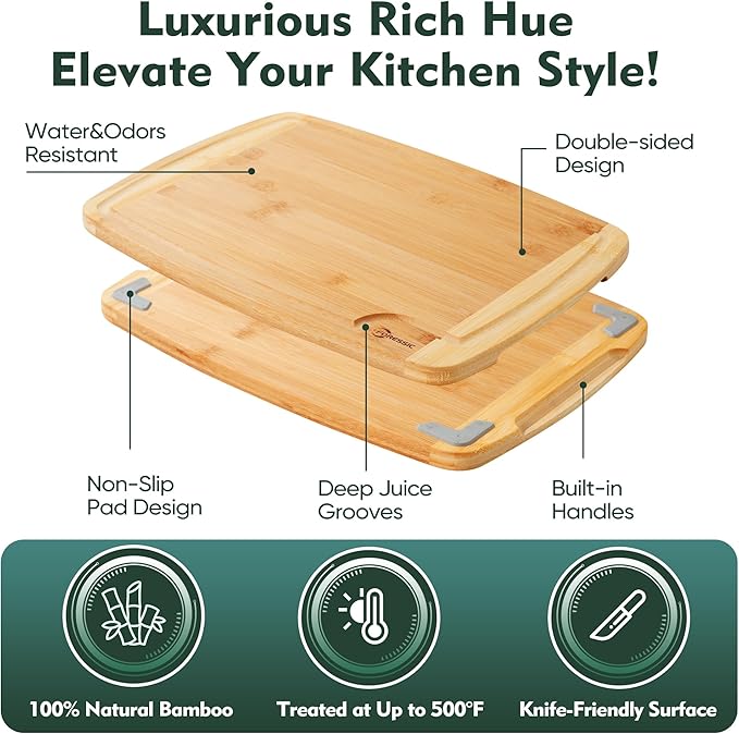 Bamboo Cutting Board Set 3 Packs with Non Slip Feet Holder and Over Sink Nice Solid Thick Durable Wood Cutting Boards for Kitchen Extra Large Big Small Vegetables and Fruits Kitchen Gifts