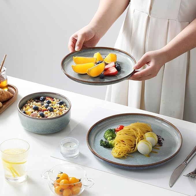 vancasso PLAYA Plates and Bowls Sets, 24 Pieces Light-Blue Dinnerware Sets for Kitchen, Reactive Glaze Dishes Set for 8, Dishwasher and Microwave Safe