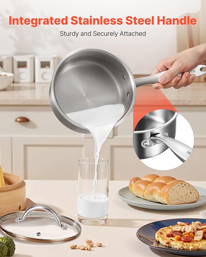 VEVOR 1.5 QT Saucepan, Stainless Steel Saucepan with Glass Lid, Multipurpose Nonstick Stainless Steel Small Cooking Sauce Pot with Ergonomic Handle, Friendly for Oven, Dishwasher, Induction Cooker