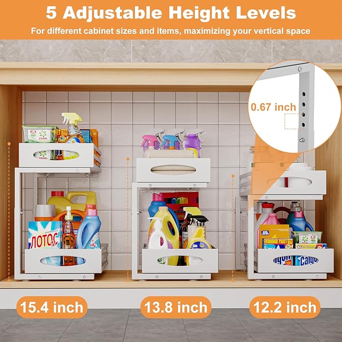 Under Sink Organizer, 2 Tier Under Sink Organizers and Storage, Adjustable Height, Slide out Metal Cabinet Organizers, Pull out Cabinet Storage Drawer Shelf for Kitchen Bathroom White, 2 Pack