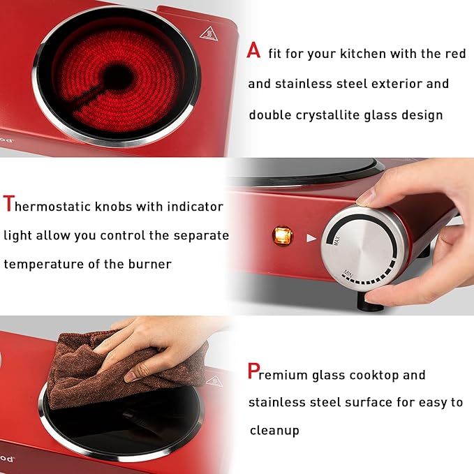 Hot Plate, Techwood 1800W Dual Electric Stoves, Countertop Stove Double Burner for Cooking, Infrared Ceramic Hot Plates Double Cooktop, Red, Brushed Stainless Steel Easy To Clean Upgraded Version, Red