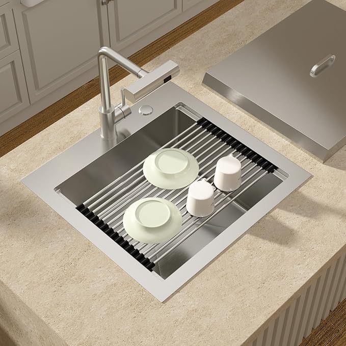 Lordear Drop In Outdoor Kitchen Sink Workstation with Pull-out Faucet 21" x 20" Bar Prep Sink 16 Gauge Stainless Steel Single Bowl Small Kitchen Camper Wet Bar Mobile Home RV Basin with Cover