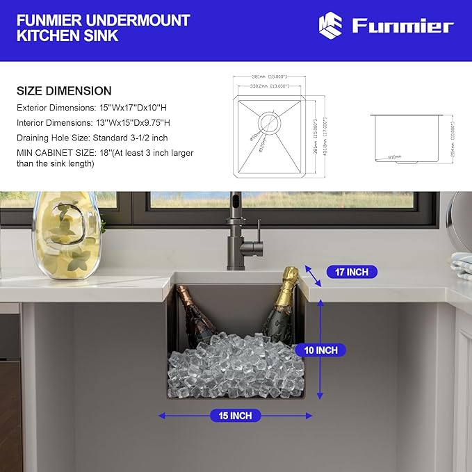 Black Bar Sink - 15 x 17 Undermount Kitchen Sinks Gunmetal Black Stainless Steel Single Bowl 16 Gauge Handmade Outdoor Wet RV Sinks