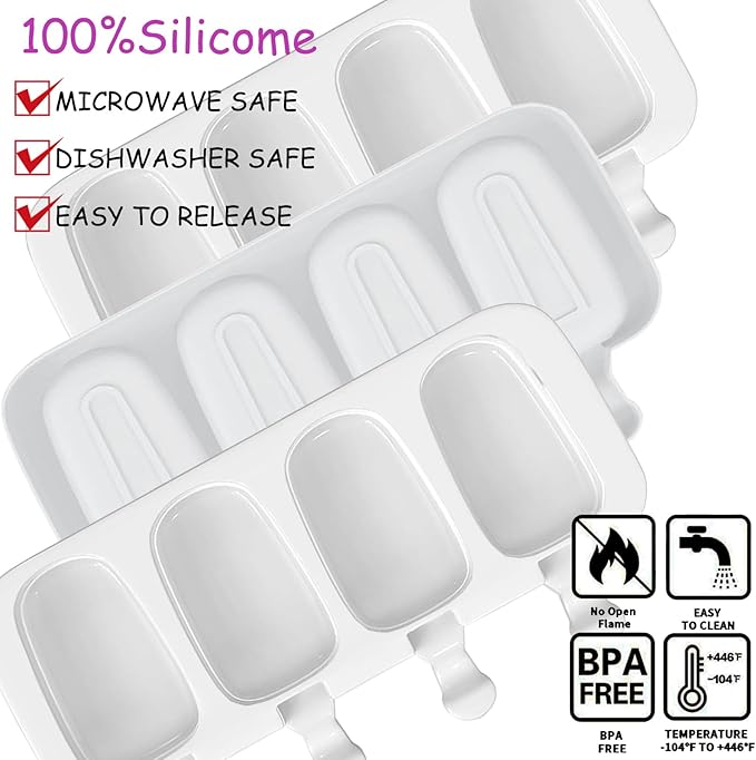 3pcs Large Silicone Popsicle Molds Set,BZIDII 4 Cavities Cake Pop Molds,Oval Ice Cream Bar Mold Ice Pop Cakesicle Molds Silicone with 100 Wooden Sticks & 100 Bags &100 Twist Ties(White)