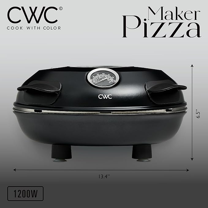 Cook With Color Electric Indoor Pizza Oven – Crispy Crust Countertop Pizza Maker, Heats up to 800˚F, 12 Inch Ceramic Stone, Dual Temperature Control Knobs, Bamboo Peel Included, Black