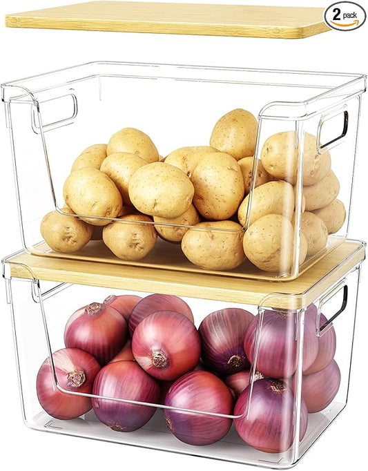 2 Set Pantry Organizer and Stackable Storage Kitchen,Sturdy and Durable Storage Basket for Potato, Onion, Garlic, Fruit, Vegetable, Produce, Clear Plastic Storage with Lid&Handle