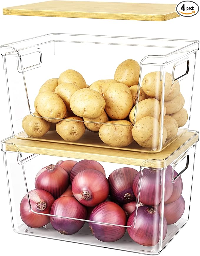 Potato Storage & Onion Storage Bins with Bamboo Lids, Stackable Clear Front-Open Pantry Organizers with Handles for Garlic and Produce, Kitchen Counter or Cabinet (4-Pack)