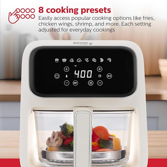 Holstein Housewares 4.2 QT Digital Air Fryer with Glass Basket, With Hot Air Technology, Up to 400° & Non -Stick Frying Pan for Less Oil Use. Air Fry, Bake, Grill, Dehydrate & Roast Healthy Meals
