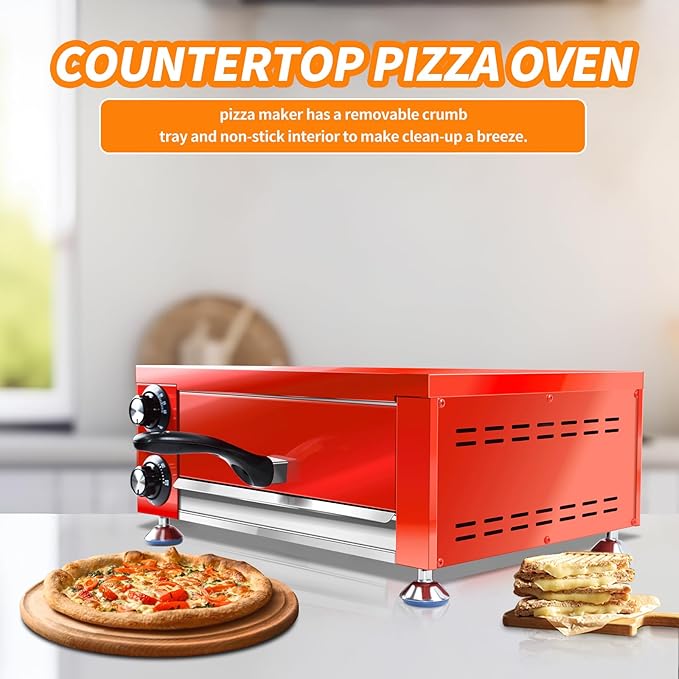 YOOKTEN Indoor Pizza Oven Countertop Electric 12" Commercial Stainless Steel Pizza Maker With 60 Minutes Timer, Red