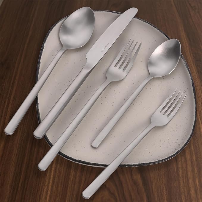 KINGSTONE 30 Pieces Silverware Set, Flatware Cutlery Set for 6, 18/10 Stainless Steel Silverware Utensils Minimalist Design Dishwasher Safe, Matte Silver