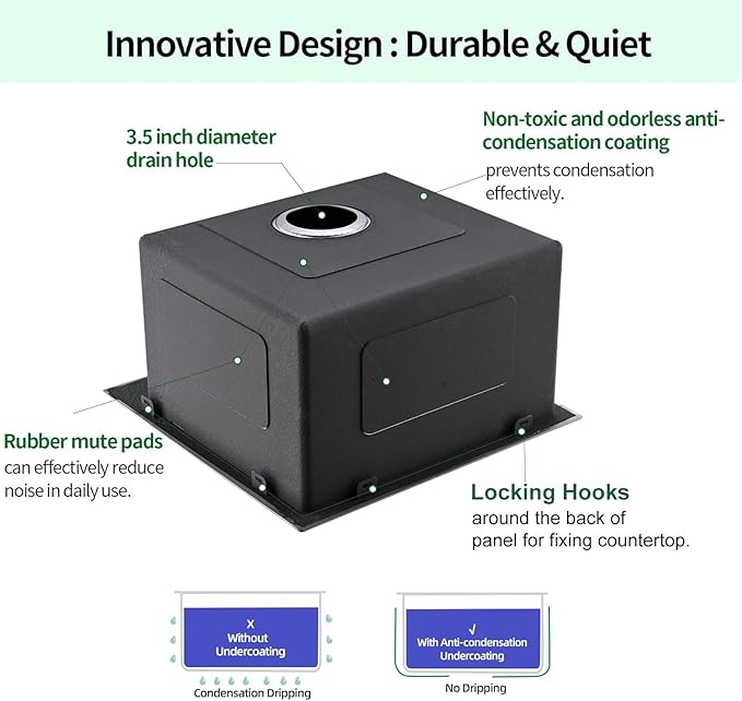 Drop In Kitchen Sink, 18 x 18 x 10 Inch 16 Gauge Single Bowl Topmount Wet Bar Sink T-304 Stainless Steel Kitchen Sinks