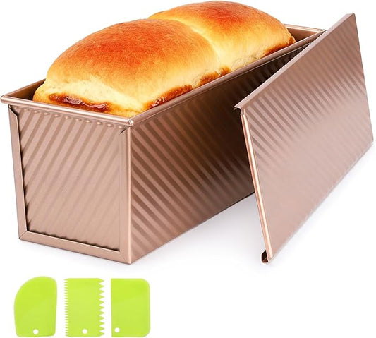 Beasea 2lb Pullman Loaf Pan with Lid, 1 Pack 12x4inch Large Bread Loaf Pans Carbon Steel Toast Box with Dough Scraper Set for Homemade Bread Bakeware Oven Baking - Rose Gold