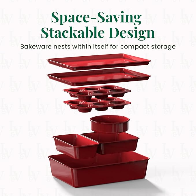 Larder & Vine 8-Piece Bakeware Set | Non-Stick Baking Set with Ceramic Finish | PFAS, PFOA, PTFE, and BPA Free Baking Essentials | Baking Sheets, Muffin Tins and Assorted Baking Pans | Cabernet