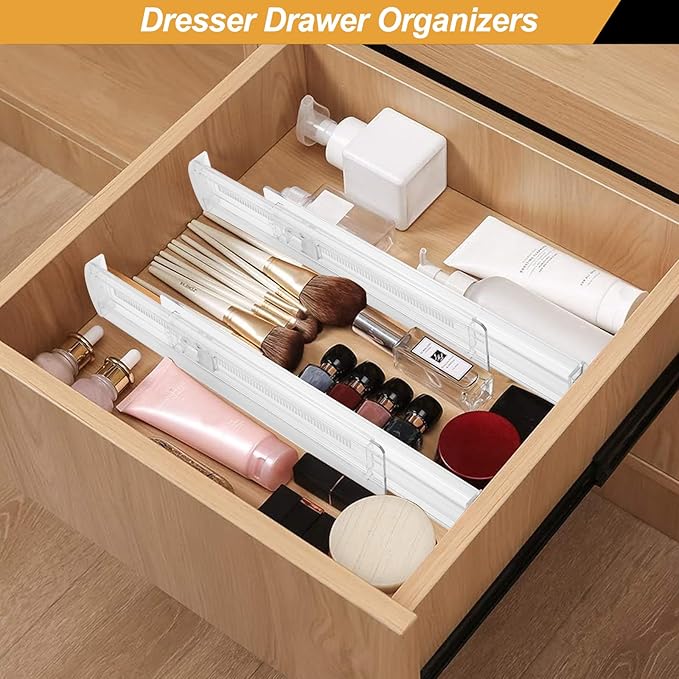 6 Pack Drawer Dividers for Clothes, 2.3" High 13"-21" Adjustable Drawer Dividers Expandable Dresser Drawer Organizer, Clear Drawer Separators for Clothes, Underwear, Cosmetic, Kitchen Utensils Storage