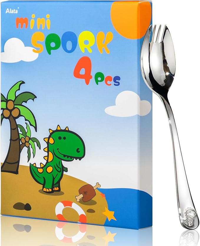 Alata Mini Sporks, 4-Pack Food-grade Stainless Steel Mini Sporks for Kids, 5.7 Inches Salad Forks For Dessert, Ice Cream, Salad, Soup, Noodle, Spaghetti, Dishwasher Safe