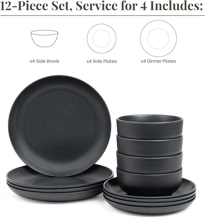 Larder & Vine 12-Piece Melamine Dinnerware Set: Durable, Lightweight, Break-Resistant Plates & Bowls – Stylish, Non-Toxic, Dishwasher Safe – Ideal for Everyday Use, Indoor & Outdoor Dining – Black