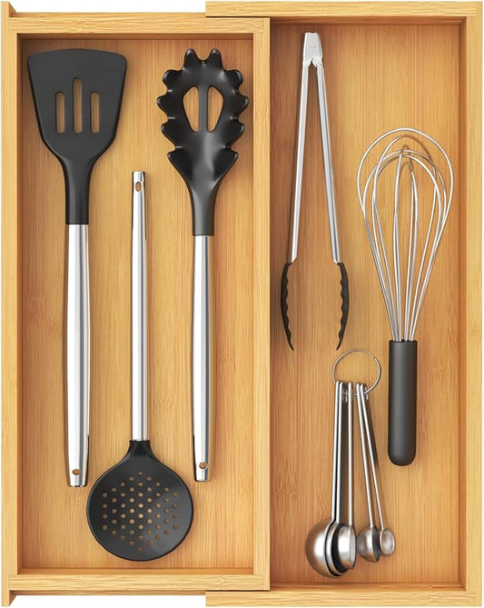 Lifewit Utensil Drawer Organizer, Expendable Cooking Silverware Tray for Kitchen Drawer, Bamboo Adjustable Cutlery Flatware Holder, Spatula Tools and Gadgets Storage Divider, 3 Compartments, Natural