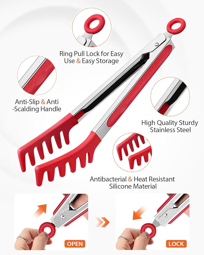 Silicone Spaghetti Spoon & Pasta Tong, Non-Stick Stainless Steel Handle Pasta Fork Set with Teeth, Food Clip for Easy Serving of Noodles (Red)