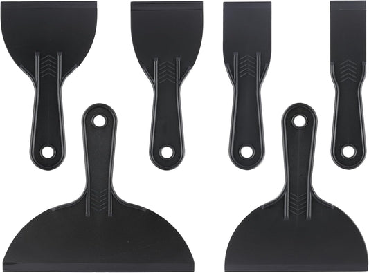 6 Pack Plastic Putty Knife, Durable Plastic Scraper Tool with No-Slip Grip for Spackle, Spreader, Non Scratch and Easy Cleaning Spackle Knife, Putty Knife Set, Black
