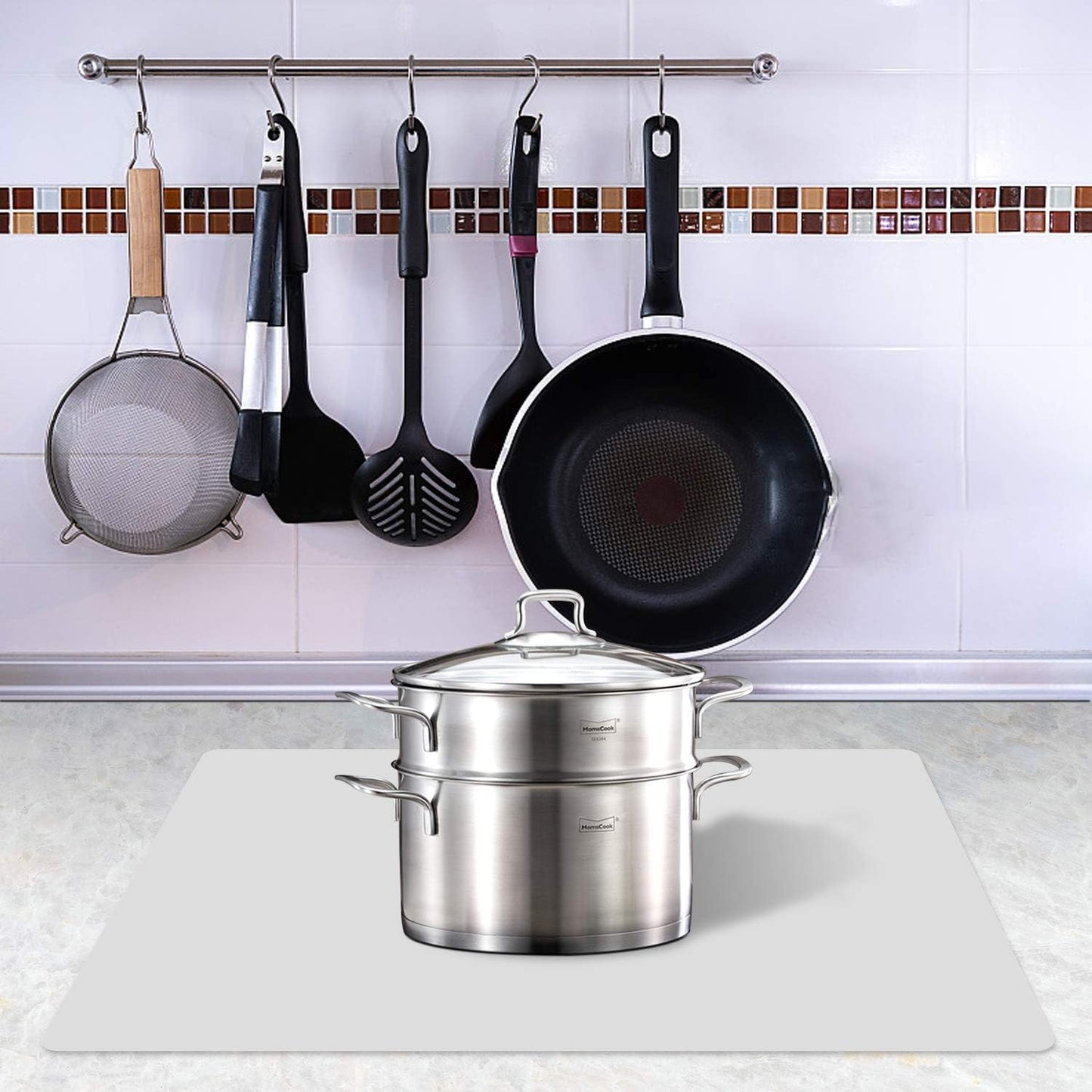 Silicone Placemats, Food-Grade Non-Slip Waterproof, Dining, Stain Resistant, Countertop Protector, Kitchen Counter Mat, Heat Resistant, Baking mat Dishwasher Safe (23.6"×15.7"-1pack, White Gray)