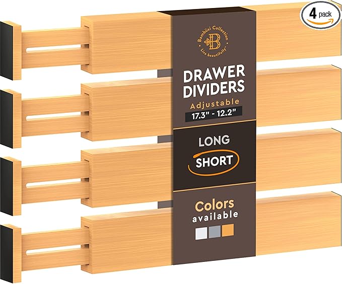4 Pack Drawer Divider - Bamboo 2.6" High, 12.5-17" Adjustable Drawer Organizers for Clothes, Expandable Dresser Separators in Bedroom, Bathroom, Kitchen, Office Organization and Storage