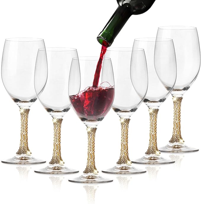 Premium Wine Glasses Set of 6 - Crystal Long Stem Wine Glass with Gold Rhinestone Stem Design - 12 oz
