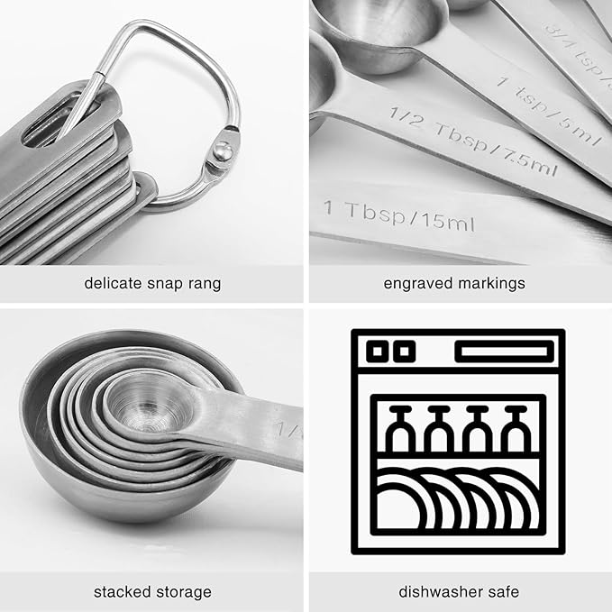 Measuring Spoons, Stainless Steel Measuring Cups Set Ruler & Scraper, 3/4 TSP, 1/8 TSP, 1 TSP, 1/4 TSP, 1/2 TSP, 1/2 Tbsp & 1 Tbsp Small Tablespoon and Leveler for Kitchen Cooking and Baking