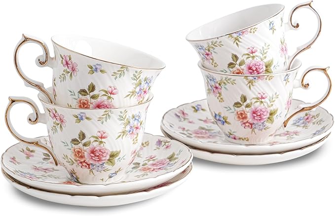 tea cups and saucers ceramic coffee mug 6oz for Coffee, Latte, Cafe Mocha and Tea-Set of 4, white with flowers