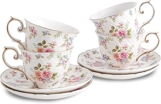 tea cups and saucers ceramic coffee mug 6oz for Coffee, Latte, Cafe Mocha and Tea-Set of 4, white with flowers