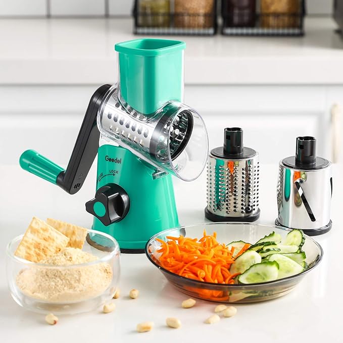 Geedel Rotary Cheese Grater with 3 Interchangeable Blades, Kitchen Mandoline Vegetable Slicer for Fruit, Nuts , Easy to Clean