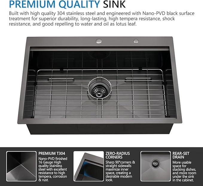 33 Inch Drop In Black Kitchen Sink, Doirteal 33x22 Inch Top Mount Kitchen Sink 16 Gauge Gunmetal Black Stainless Steel Single Bowl Workstation Sinks 33 Drop In Sinks