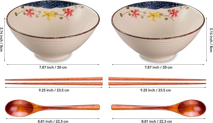 2 x 40 OZ ceramic ramen bowls, 8 IN large Japanese noodle soup bowl, match chopsticks and spoons, suitable for Pho, Udon Asian noodles (Colorful flowers 2 set)