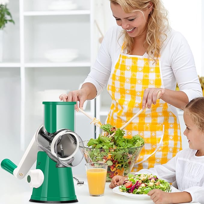 Ourokhome Rotary Cheese Grater Hand Crank, Kitchen Shredder Speed Mandolin Slicer Nut Grinder with Handle and Drum Blades for Cheese, Vegetable, Walnut, Chocolate, Potato, Carrot, 3 Blades, Emerald