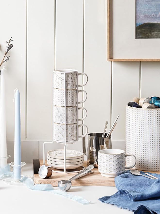 LE TAUCI Stackable Espresso Cups 4 oz with Saucers and Stand, Ceramic Embossment Coffee Cup for Double shot, Lungo, Ristretto, Dishwasher Oven Safe - Set of 4, Arctic white