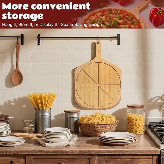 Wooden Pizza Peel 16 Inch, Large Bamboo Pizza Paddle Spatula - Serving Board, Wood Pizza Cutting Boards with 8 Slice Grooves and Handle for Kitchen Oven Pastry Pizzas