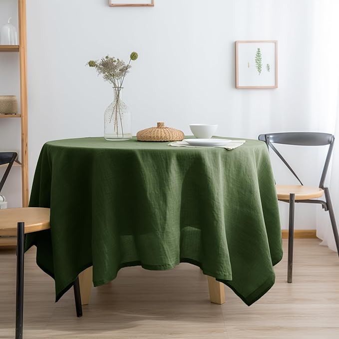 EVERLY 100% Pure Linen Round Tablecloth 108Inches for Dining,Buffet Parties,Picnic,Events,Weddings and Restaurants,Decorative Halloween,Thanksgiving Machine Washable Tablecloths-Olive Green