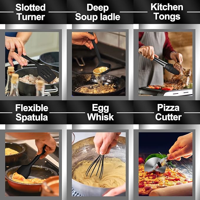 43 Pcs AIKKIL Kitchen Utensils Set, Heat Resistant Silicone Cooking Kitchen Utensils Set with Holder, Spoon, Spatula, Kitchen Gadgets Tools Set For Nonstick Cookware, Dishwasher(BPA Free, Black)