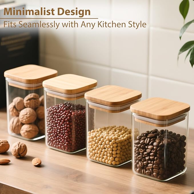 37oz(1.2Qt) Square Glass Storage Containers with Bamboo Lids – 4 Pack Clear Food Airtight Glass Jars for Pantry Organizers and Storage, Kitchen Dry Food, Coffee, Sugar, Flour, Snacks, Spices