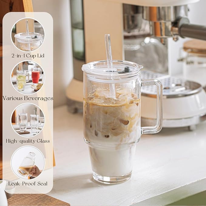 KEMORELA Glass Cups with Lids and Straws 2PCS, 24oz Clear Tumblers with Handle, Reusable Drinking Glasses for Iced Coffee, Tea, Water, Leak Proof Lid, Dishwasher Safe