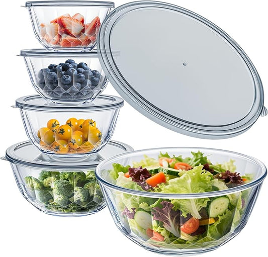 WhiteRhino Glass Mixing Bowls with Lids Set of 5（4.70QT,2.85QT, 1.69QT,1.11QT,0.85QT,Glass Bowls with Lids,Large Salad Bowls Space-Saving Nesting for Cooking,Baking,Prepping,Dishwasher Safe