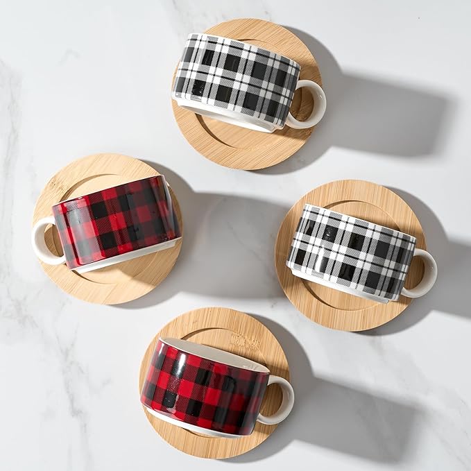 LUKA Porcelain Espresso Cup with Metal Stand,6 Ounce Stackable Ceramic Demitasse Espresso Mugs Cappuccino Cups Set for Latte,Coffee,Cafe Mocha,Tea - Set of 4 (Plaid Red & Gray)