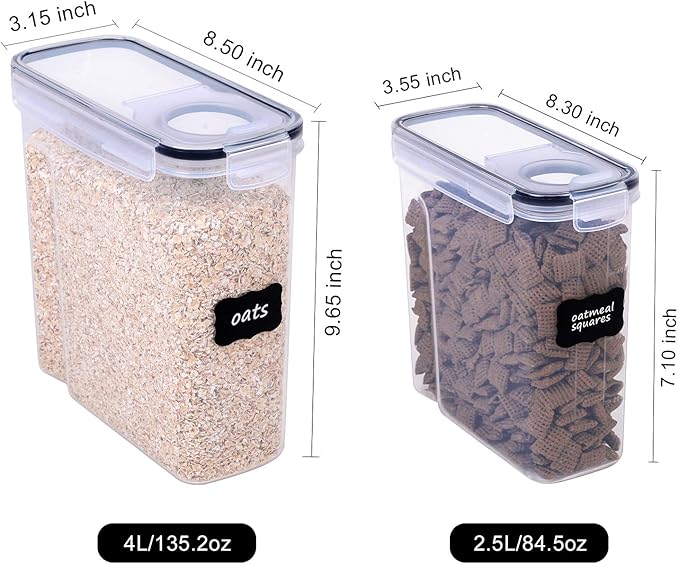 Cereal Containers Storage Set - 6 Piece Airtight Large Dry Cereal Storage Containers(4 * 4L+2 * 2.5L), BPA Free Dispenser Plastic Cereal Storage Containers with 16 Labels & Pen