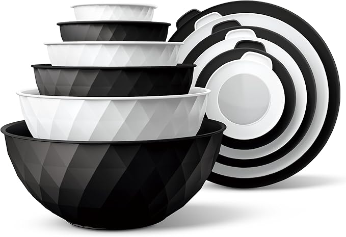 COOK WITH COLOR Mixing Bowls with Lids - 12 Piece Plastic Nesting Bowls Set includes 6 Prep Bowls and 6 Lids, Diamond Design - Microwave Safe, Black and White