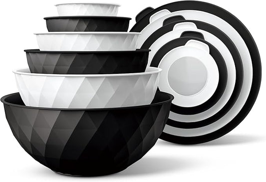 COOK WITH COLOR Mixing Bowls with Lids - 12 Piece Plastic Nesting Bowls Set includes 6 Prep Bowls and 6 Lids, Diamond Design - Microwave Safe, Black and White