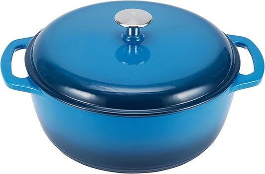 Amazon Basics Cast Iron Dutch Oven Pot with Lid, Enameled, Round, Dual Handles, Heavy-Duty, Large, 7.3-quart, Blue