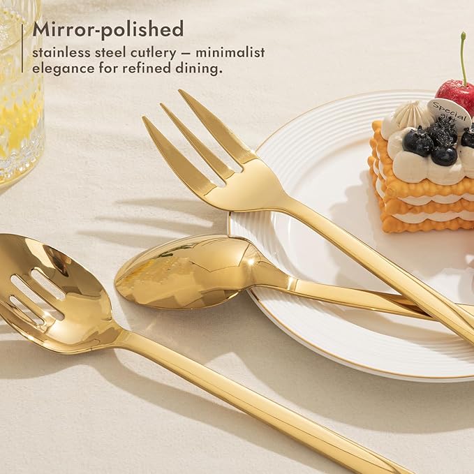 KINGSTONE Large Hostess Gold Serving Utensils Sets,18/10 Stainless Steel Heavy Duty 10inch Serving Spoons,Slotted Spoons,Serving Fork,Serving Tongs, Cake Pie Server For Buffet, Wedding, Party