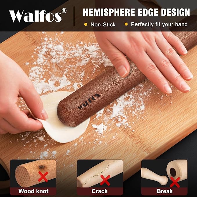 Walfos Mini Rolling Pin Set - Small Natural Wooden Rolling Pins (8inch) With Non-stick Silicone Fiber Baking Mat, Baking Dough Roller for Pizza, Pie, Pasta, Bread, Pastry